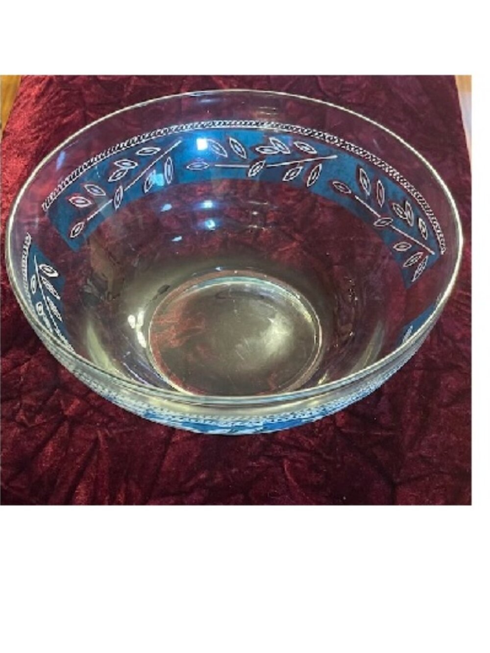 1960s Aqua Flash Leaf Design Clear Serving Bowl MCM